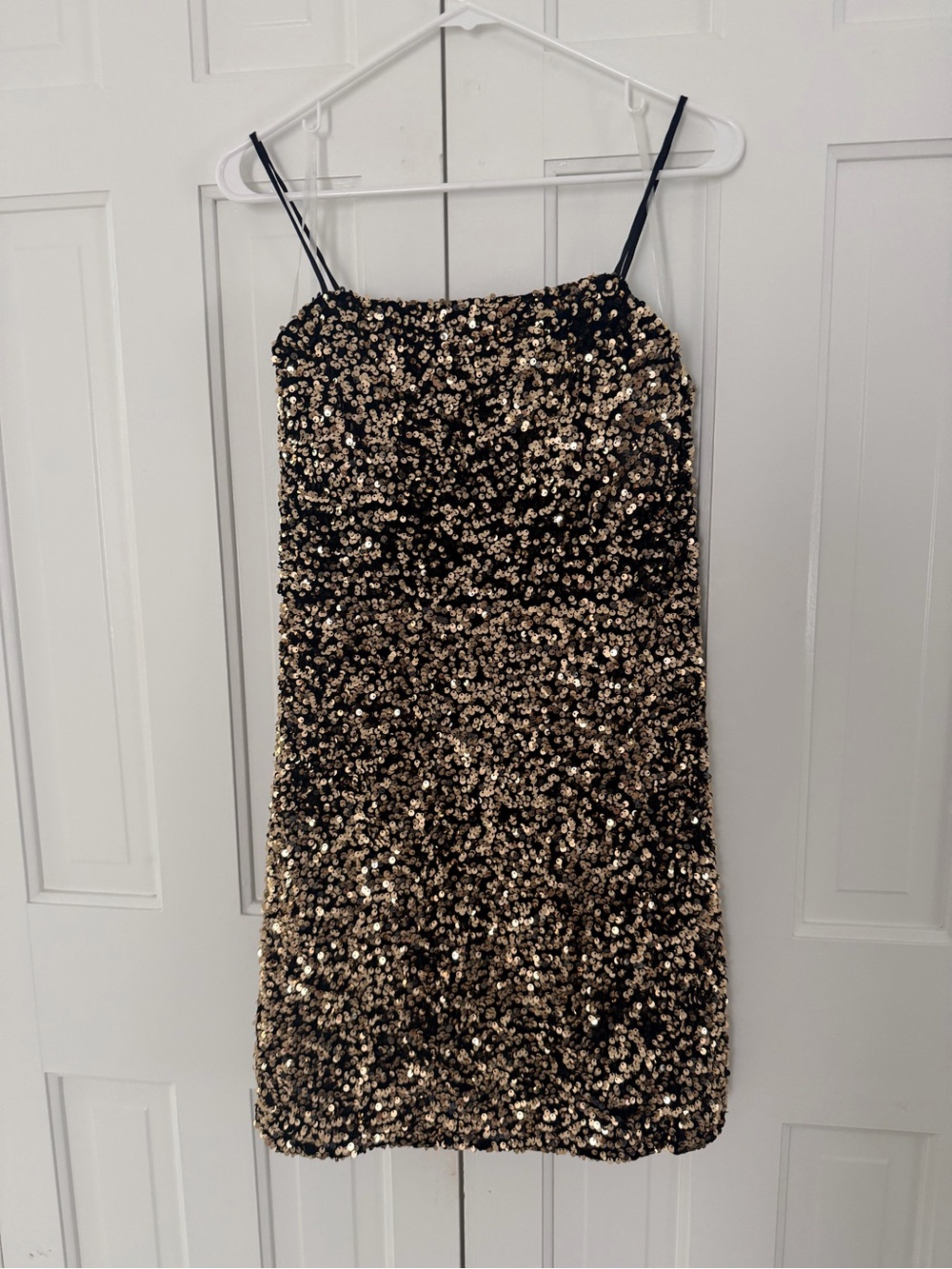 Francesca’s Crystal Doll Black and Gold Sequin Spaghetti Strap Mini Dress